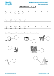 Worksheets for kids - initial sounds-x, y, z